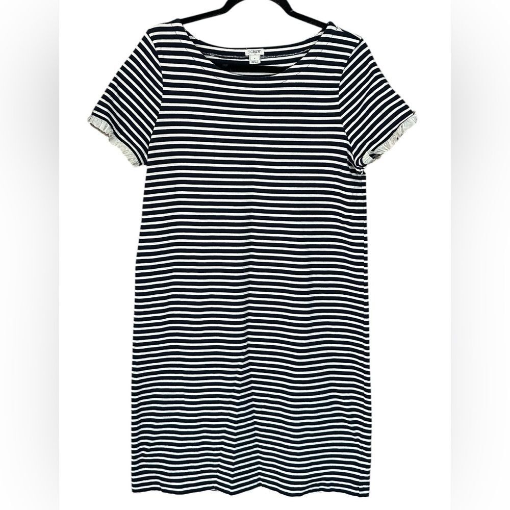 J Crew Blue/White Stripe Knit Shift Dress Lace Ruffle Edging on Sleeves. Size Lg